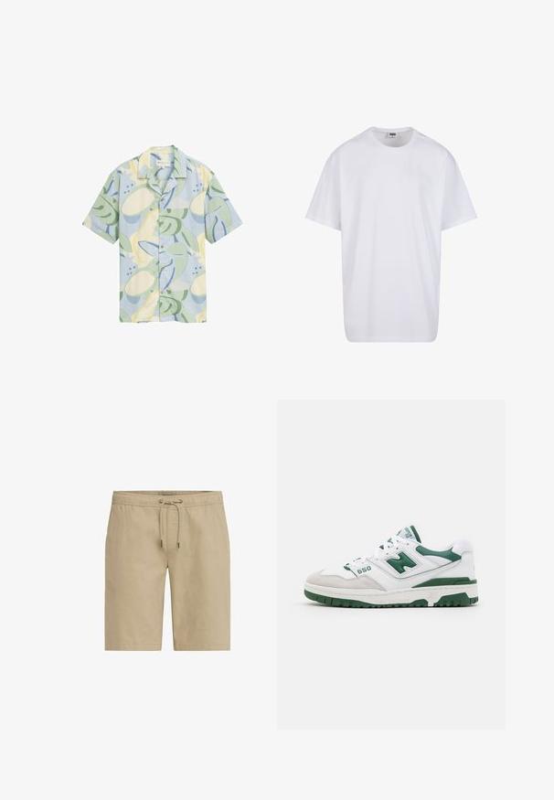 Kurzärmeliges Hemd aus leichtem Stoff mit einer pastellfarbenen Palette, abstrakten Blattmustern und einer Knopfleiste.; Weiße Baumwoll-T-Shirt mit kurzen Ärmeln, rundem Ausschnitt, lockerer Passform und ohne sichtbare Logos oder Muster. Glatte Textur und minimalistisches Design.; Beige Shorts aus weichem Stoff, mit einem elastischen Bund und Kordelzug sowie seitlichen Taschen, im geraden Schnitt gestaltet.; Weißer Sportschuh mit grünen Akzenten, strukturiertem Leder und Wildleder, durchbrochenen Details, gepolstertem Kragen und Gummisohle. Modellnummer 550.