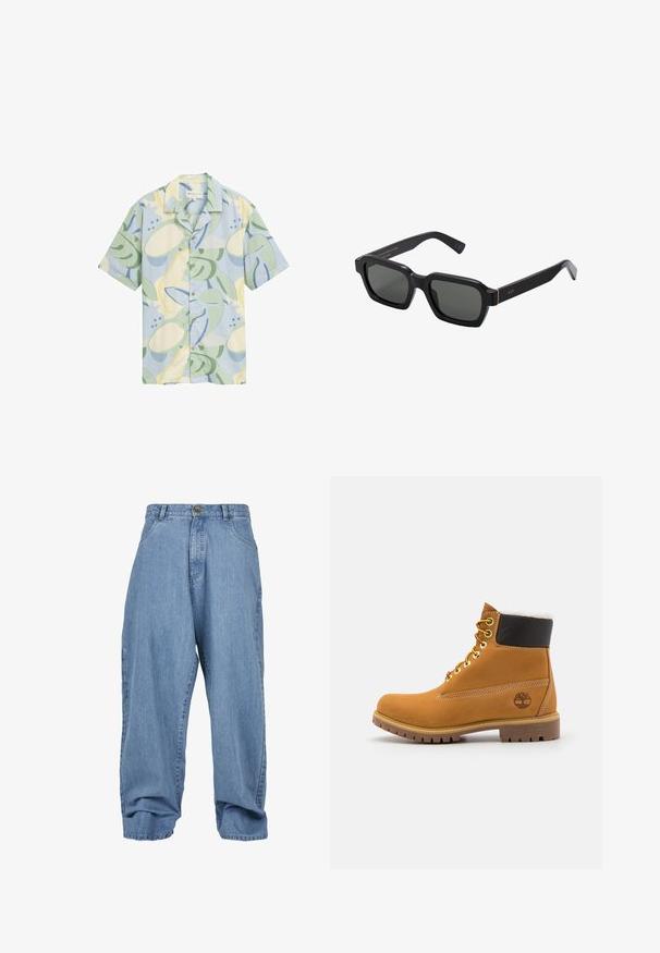 Korte mouwen shirt van lichtgewicht stof met een pastel kleurenpalet, abstracte bladerenpatronen en een knopenlijst aan de voorkant.; Witte polo-shirt van katoen. Bevat een klassieke kraag, drie-knopenluik en korte mouwen. Subtiel logo geborduurd op de borst.; Lichtblauwe denim broek met een losse fit, knoopsluiting, voorzakken en een opgekrulde zoom, met een klassieke vijf-zakken ontwerp.; Bruine leren enkellaars met metalen oogjes, witte faux bont voering, zwarte gewatteerde kraag, robuuste zool en een reliëflogo aan de zijkant.; Zwarte, vierkantvormige zonnebril met grijzige lenzen. Dikke plastic montuur met gouden accenten en branding op de poot. Soepele textuur.