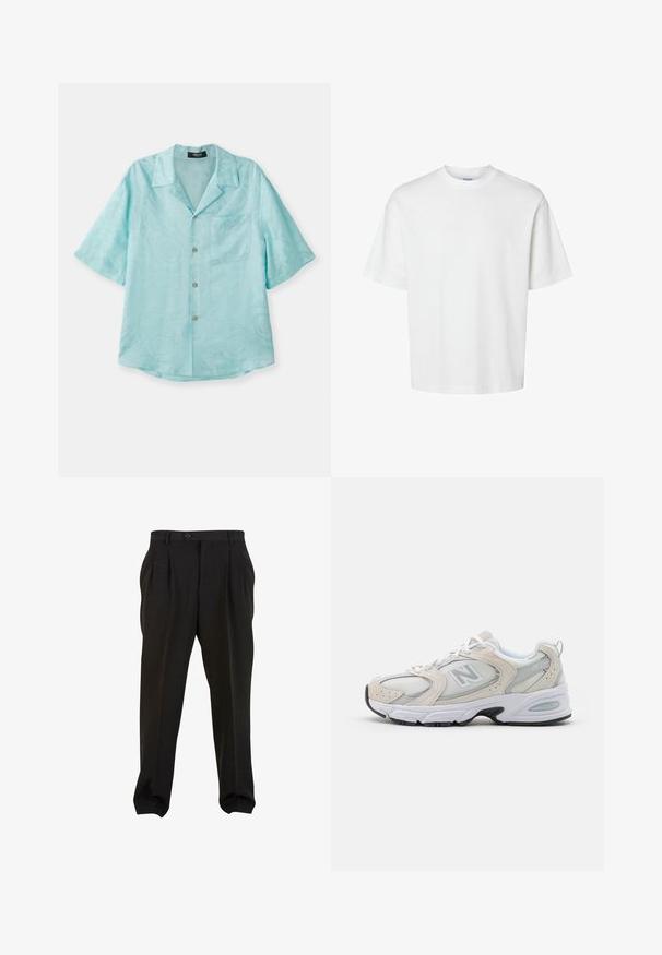 Svetlo modra kratka majica iz gladkega materiala, z razširjenim ovratnikom, sprednjim žepom in subtilnim teksturiranim vzorcem, z zlatimi gumbi.; Bela bombažna majica s kratkimi rokavi, okroglo izrezana in udobnega kroja. Gladka tekstura brez vidnih vzorcev ali dekoracij.; Črne hlače iz gladkega materiala, s sprednjimi gubami, gumba na pasu in ozkimi manšetami na gležnjih. Klasična krojena silhueta.; Atletski čevlji z lahkotnim sivim mrežastim zgornjim delom in usnjenimi poudarki, belimi vezalkami in črnim gumijastim podplatom. Opazna podrobnost ABZORB blaženja.