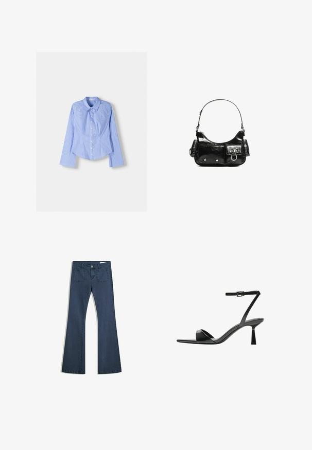 Kék és fehér csíkos, hosszú ujjú, gombos ing, széles gallérral, testre szabott szabású, ívelt szegéllyel. Textúrált pamutanyag.; Sötétkék, bőszárú farmernadrág, varrott zsebekkel, gombos záródással és sima felülettel. Klasszikus ötpocket dizájnnal rendelkezik.; Bershka Magas sarkú szandálok - black; Fekete lakkbőr kézitáska ívelt formával, egy vállpánttal, elülső zsebekkel és ezüstszínű fémrészletekkel.