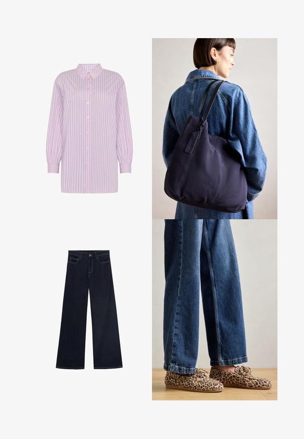 Moves NELLA - Bluza z gumbi - mauve mist; Široke jeans hlače v temno modrem denimu z rumenim šivom, pet žepov in gumbom za zapiranje. Gladka tekstura, sproščen poslovni dizajn.; Loafers z leopardjim vzorom iz semiša, z zaobljenim nosom, dizajnom vezalk in ravnimi, fleksibilnimi podplati, v kombinaciji z modrimi jeans hlačami.; Modra platnena torba za ramo s meko, strukturirano obliko, opremljena s črnim trakom, šivanjem in majhno oznako blagovne znamke.