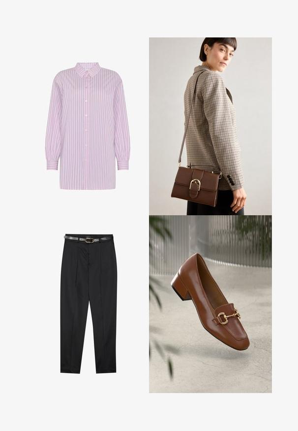 Moves NELLA - Užsagstoma palaidinė - mauve mist; Juodos kelnės su lygia medžiaga, turinčios pritaikytą juosmenį ir tekstūruotą pilką diržą su auksiniu sagtimi. Šiek tiek aptempti džinsai.; Rudi lakinės odos loafer'iai su kvadrato formos nosimi, metalinėmis grandinėlių detalėmis ir žemu blokiniu kulnu; sklandus tekstūra, minimalistinis dizainas.; Rudas odinis per petį nešiojamas krepšys su auksinės spalvos sagtimi, stačiakampio formos, lygia tekstūra ir nuimamu dirželiu.