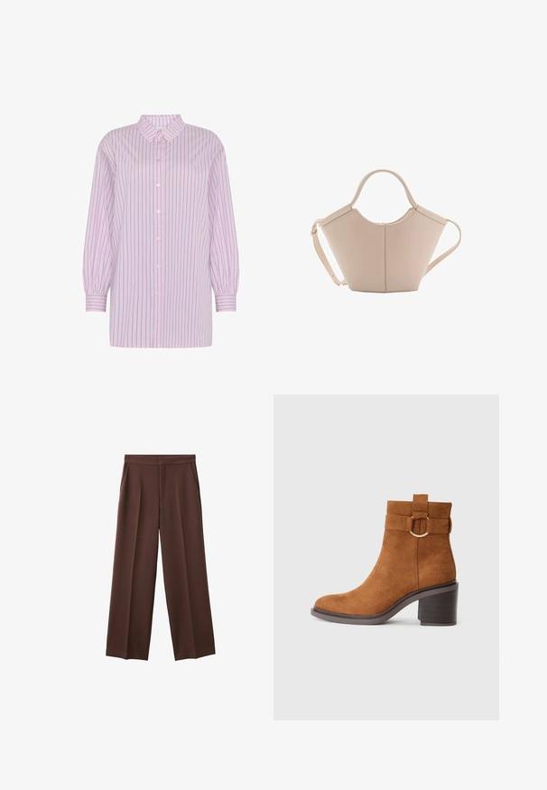 Moves NELLA - Overhemdblouse - mauve mist; Bruine wijde broek met een gladde textuur, voorzien van twee zijzakken en een gepliseerde voorkant voor een ontspannen pasvorm.; Bruine suède enkelboot met een ronde neus, blokhak en een decoratieve riem met een ronde gesp.; Beige leren handtas met een unieke vorm, voorzien van twee korte handvatten en een lange verstelbare schouderriem. Glad oppervlak met minimale hardware.