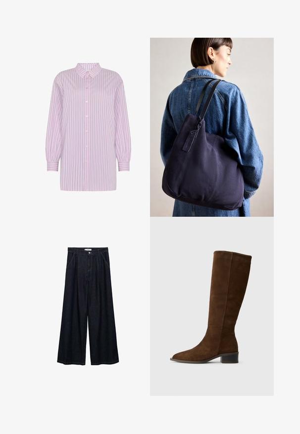 Moves NELLA - Camicia - mauve mist; Pantaloni larghi in denim scuro con vita alta, dotati di chiusura frontale con bottone, due tasche laterali e dettagli di cucitura.; Stivale marrone in suede alto fino al ginocchio con punta affusolata e tacco basso spesso. Texture liscia con un design pulito e senza hardware prominente.; Borsa a spalla in tela blu navy con una forma morbida e strutturata, dotata di una tracolla nera, dettagli cuciti e una piccola etichetta del marchio.