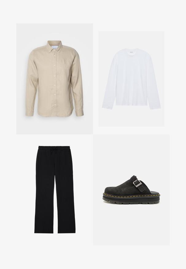 Les Deux KRISTIAN SHIRT - Marškiniai - dark sand; Baltas ilgas rankovės marškinėliai pagaminti iš medvilnės. Turi klasikinį apvalų kaklą ir nuleistus pečių siūlus, su lygiu, vientisu paviršiumi.; YOURTURN UNISEX - Treningo apatinė dalis - black; Juodas zomšinis klumpes su reguliuojama dirželiu, turinčios storesnį juodą gumos padu ir kontrastingą geltoną siūlę aplink kraštą.