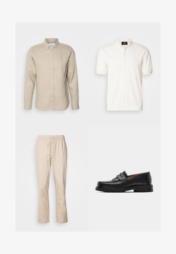 Les Deux KRISTIAN SHIRT - Camisa - dark sand; Polo de manga curta em algodão off-white, com colarinho clássico e pala de três botões, apresentando uma textura suave e macia.; Calças bege com um corte descontraído, cintura elástica e cordão. Textura suave, perna ligeiramente ajustada e sem padrões ou ferragens visíveis.; Os mocassins de couro preto apresentam uma costura elevada, duas tiras decorativas na parte superior e uma sola grossa e texturizada para maior aderência.