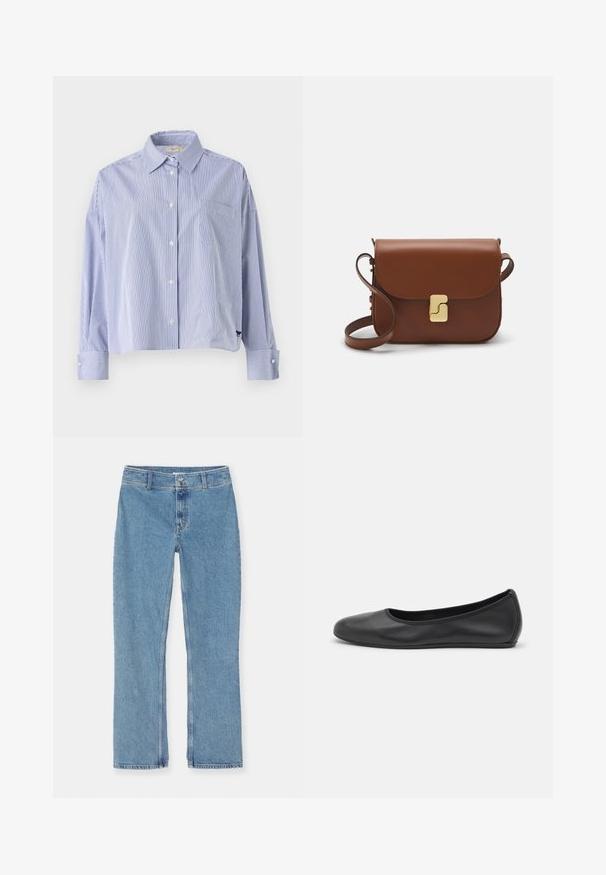 WEEKEND MaxMara Hemdbluse - blu; Weißes kurzärmliges T-Shirt aus geripptem Stoff. Runder Halsausschnitt, normale Passform und dezente Nähte. Keine Muster oder Grafiken.; Helle blaue gerade geschnittene Jeans aus Denim mit Knopf- und Reißverschluss, Gürtelschlaufen und Standardnähten auf weißem Hintergrund.; Schwarze Leder-Ballettschuhe mit abgerundeter Spitze, glatter Textur, minimalen Nähdetails und einem flexiblen Sohlen-Design.; Braune Ledertasche mit Klappenverschluss, Beschlägen in Goldfarbe, einem Schultergurt und einer glatten Oberfläche. Kompakte rechteckige Form.