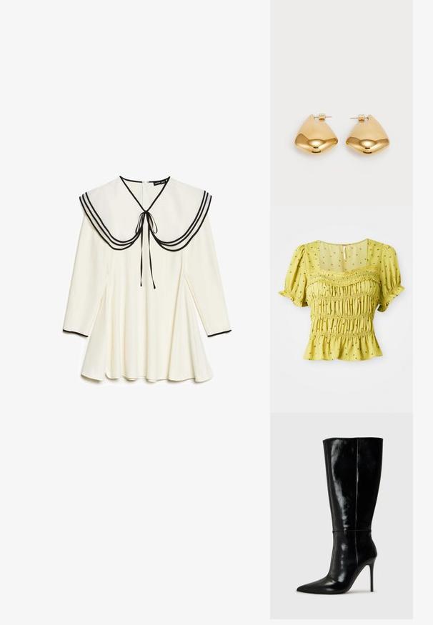 Žlutý top s nařasenými krátkými rukávy, čtvercovým výstřihem, květinovými vzory a řaseným lemem. Vyrobený z lehké, strukturované látky.; Krémové šaty s dlouhým rukávem a velkým námořnickým límcem s černým lemováním a mašlí, skládací sukně a černé lemování na manžetách.; Černé kožené vysoké boty po kolena s špičatou špičkou a vysokým jehlovým podpatkem. Hladká textura a elegantní design, s minimálními detaily.; Černá kožená kabelka přes rameno s kulatým tvarem, lesklým povrchem a stříbrnými kovovými prvky. Osoba v černých širokých kalhotách a s ozdobenými mokasíny.; Náušnice z kovu ve zlatém tónu s hladkým, zaobleným trojúhelníkovým tvarem a designem na zadní upevnění; lesklý povrch s minimálními detaily.