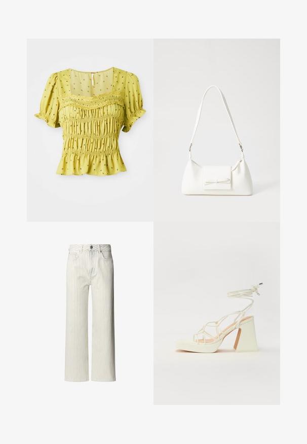 Rumena bluzica s smokom, kratkimi pufastimi rokavi, kvadratnim izrezom, cvetličnim vzorcem in volanastim robom. Narejena iz lahkotnega, teksturiranega blaga.; Svetlo obarvane hlače širokega kroja z navpičnimi črtami, narejene iz bombažne tkanine. Imajo pas z gumbi in zanke za pas.; Bela sandala na visokih petah s debelim petam, ki ima obliko trakcev in vezanje okoli gležnja. Gladka tekstura z platformo spredaj za dodatno višino.; Bela sintetična torbica v obliki trikotnika, z ravnim sprednjim poklopcem in detajlom mašne, nastavljivim trakom, gladko teksturo in minimalističnim dizajnom.