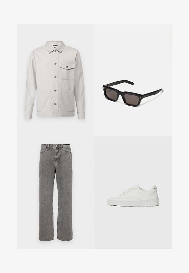 Gai pelēks žakets, izgatavots no kokvilnas, ar pogu slēgšanu priekšā, norādītu apkakli un divām priekšējām kabatām ar krūšu kabatu.; Pelēkie džinsi ar taisnu kāju griezumu, piecu kabatu dizainu un pogu slēgšanu jostasvietā. Visā virsmā ir maiga izbalējusi tekstūra.; Baltas ādas sneakers ar gludu virsmu, apaļu pirkstu daļu, plakaniem šņorēm un teksturētu zoli. Satur diskrētu logotipu uz papēža.; Melnas taisnstūra formas saulesbrilles ar tumšiem stikliem, bieza plastmasas rāmja, zelta akcenti pie tempļiem un zīmola logo iegravēts roku daļā.