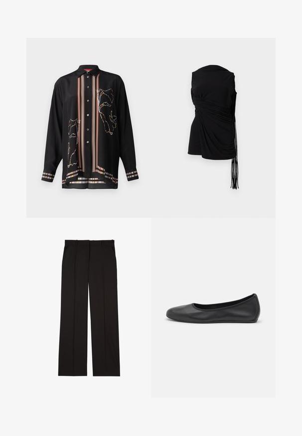 Sort skjorte med knapper i let stof, der har farverige striber og et blomsteromridsdesign på fronten og ærmerne.; Sort ærmeløs top med draperet stof, sidelilægning og forlænget frynsedetail, der har en glat tekstur og en tætsiddende silhuet.; Sorte skræddersyede bukser lavet af et glat stof, med et lige ben-design og to sidelommer. Elegant og minimalistisk konstruktion.; Sort læderballetsko med rund tå, glat tekstur, minimal syning og et fleksibelt såldesign.