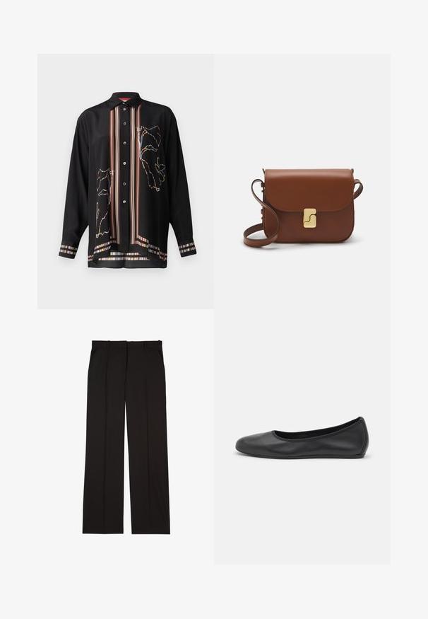 Fekete, gombnyomásos ing könnyű anyagból, színes csíkos díszítéssel és virágos körvonalas mintával az elején és az ujjakon.; Fekete, sima anyagból készült, szabott nadrág, egyenes vonalú szabással és két oldalsó zsebbel. Elegáns és minimalista kialakítás.; Fekete bőr balettcipő lekerekített orral, sima tekstúrával, minimális varrással és rugalmas talp kialakítással.; Barna bőr kézitáska, hajtókás zárással, arany színű fém kiegészítőkkel, vállpánttal és sima felülettel. Kompakt téglalap alakú.