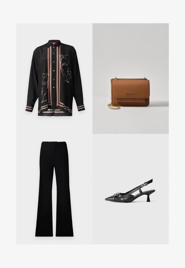 Sort skjorte med knapper i let stof, der har farverige striber og et blomsteromridsdesign på fronten og ærmerne.; Sorte flagrende bukser med en glat tekstur, skræddersyet talje og forlommer, designet med en slank, moderne silhuet.; Sort lædersandal med spids tå, dekorative stropper med metaløjer og en lav blokhæl. Struktureret overflade.; Brun tekstureret læder crossover-taske med guldkæde-rem og klaplukning. Forsiden har logo-detalje og en lomme under klappen.