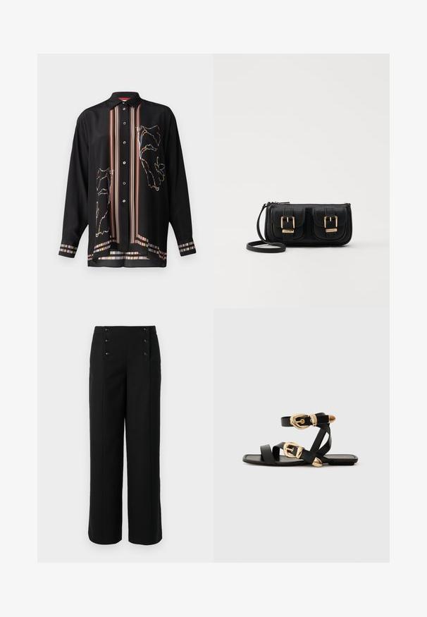 Camisa negra de botones en tela ligera, con acentos a rayas coloridos y un diseño de contorno floral en el frente y las mangas.; Pantalones anchos negros hechos de una tela suave, con una cintura alta y cinco botones frontales para el cierre. Diseño elegante y a medida.; Sandalias de cuero negro con acentos de hebillas doradas, que cuentan con múltiples correas y un diseño de suela plana para usar con los dedos al aire.; Bolso cruzado de cuero negro con dos bolsillos frontales, hebillas doradas, cierre de cremallera y una correa delgada. Superficie texturizada y forma rectangular compacta.