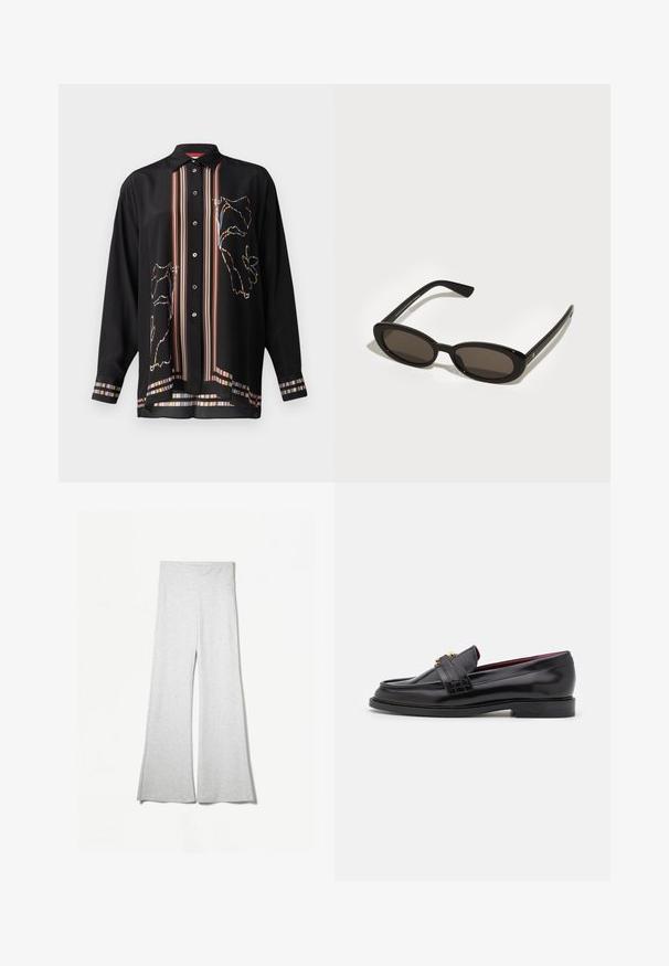 Schwarzes Button-Up-Hemd aus leichtem Stoff, mit bunten gestreiften Akzenten und einem floralen Umrissdesign auf der Vorder- und Rückseite.; Helle graue weite Hose aus weichem Stoff, mit hohem Taillenbund und seitlichen Schlitzen für zusätzlichen Fluss und Komfort.; Schwarze Lederloafers mit einem gestickten Muster, glatter Textur, goldenen Schnallendetails und einer runden Zehenform, auf einer niedrigen schwarzen Sohle.; Schwarze Sonnenbrille mit ovalen, halbrandlosen Gläsern. Glänzende Rahmen und schlanke Bügel. Dunkel getönte Gläser mit minimalen Hardware-Details.
