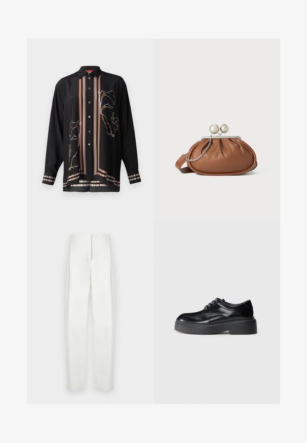 Black button-up shirt in lightweight fabric, featuring colorful striped accents and a floral outline design on the front and sleeves.; Paul Smith Trousers - white; Black leather shoes with a rounded toe, thick platform sole, and decorative lace detailing. Smooth texture and contrast stitching visible.; Brown leather clutch purse with silver ball clasp and a small silver chain detail on a white background.