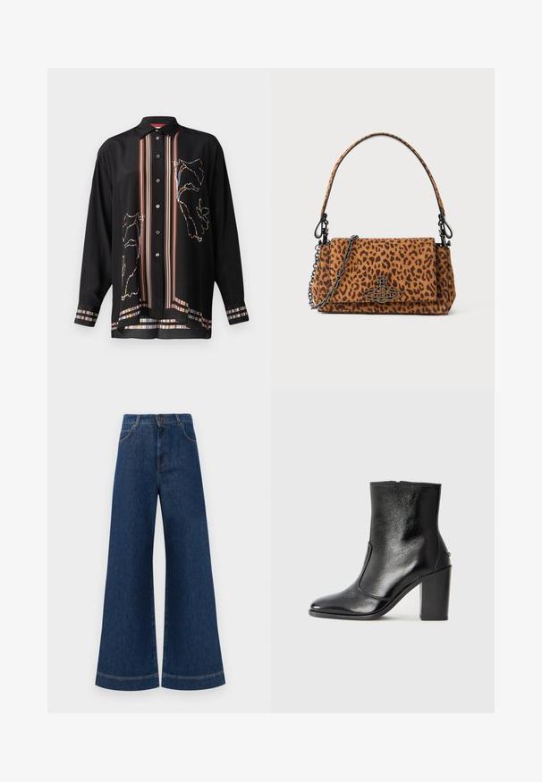 Black button-up shirt in lightweight fabric, featuring colorful striped accents and a floral outline design on the front and sleeves.; Wide-leg blue denim jeans with a high waist, featuring a button closure, belt loops, and subtle stitching details along the pockets and hems.; Black leather ankle boot with a smooth texture, pointed toe, and a chunky high heel. Features a side opening and minimalistic design.; Leopard print handbag made of suede with a short handle, a chain strap, and a black hardware clasp. Rectangular shape with a flap closure.