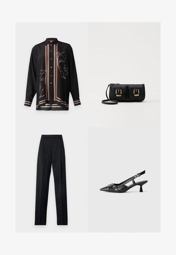 Schwarzes Button-Up-Hemd aus leichtem Stoff, mit bunten gestreiften Akzenten und einem floralen Umrissdesign auf der Vorder- und Rückseite.; Schwarze Hosen aus glattem Stoff mit hoher Taille, weitem Bein, vorderen Falten und klassischen Gürtelschlaufen. Keine sichtbaren Seitentaschen.; Schwarzer Leder-Slingback-Schuh mit spitz zulaufender Zehenpartie, dekorativen Riemen mit METALLÖSEN und niedrigem Blockabsatz. Strukturelle Oberfläche.; Schwarze Leder-Umhängetasche mit zwei vorderen Taschen, goldenen Schnallen, Reißverschluss und einem schmalen Tragegurt. Texturierte Oberfläche und kompakte rechteckige Form.