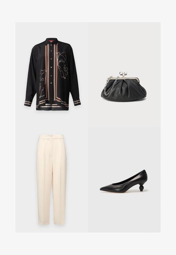 Black button-up shirt in lightweight fabric, featuring colorful striped accents and a floral outline design on the front and sleeves.; Beige tailored trousers with a straight fit, featuring pleats at the front, a smooth texture, and a mid-rise waist. No visible pockets.; Black leather high heel shoe with a pointed toe and a round, balled heel. Smooth texture with a sleek, minimal design.; Black leather clutch with gathered texture, silver-tone metal frame, kiss-lock closure, and chain strap. Smooth, soft surface.