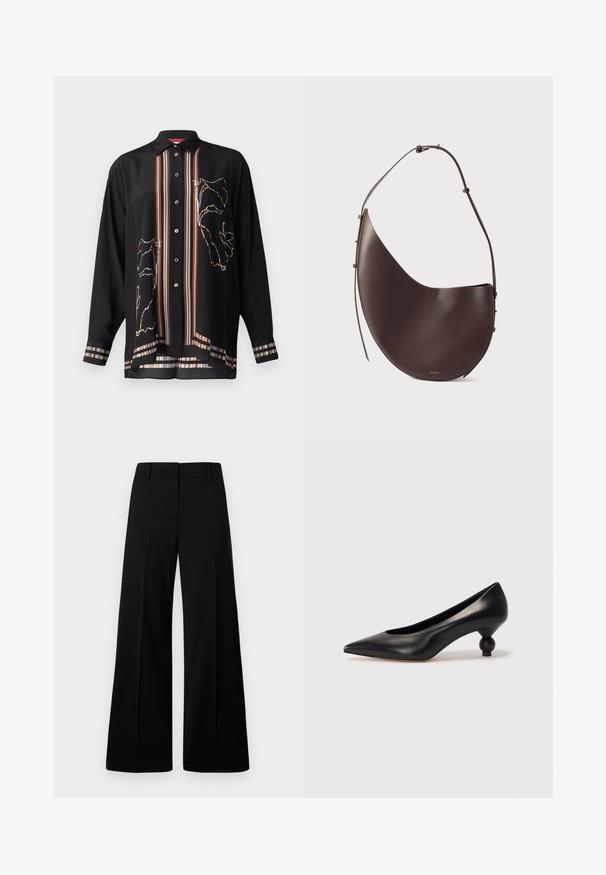 Camicia nera con bottoni in tessuto leggero, con accenti a strisce colorate e un design a contorno floreale sulla parte anteriore e sulle maniche.; Pantaloni neri a gamba larga con texture liscia, fascetta strutturata in vita e pieghe frontali. Design minimalista senza hardware visibile.; Scarpa con tacco alto in pelle nera, con punta affilata e tacco arrotondato e bombato. Texture liscia con un design elegante e minimalista.; Borsa a tracolla in pelle marrone con forma curva, tracolla singola e design minimalista. Presenta un logo discreto e dettagli in metallo dorato.
