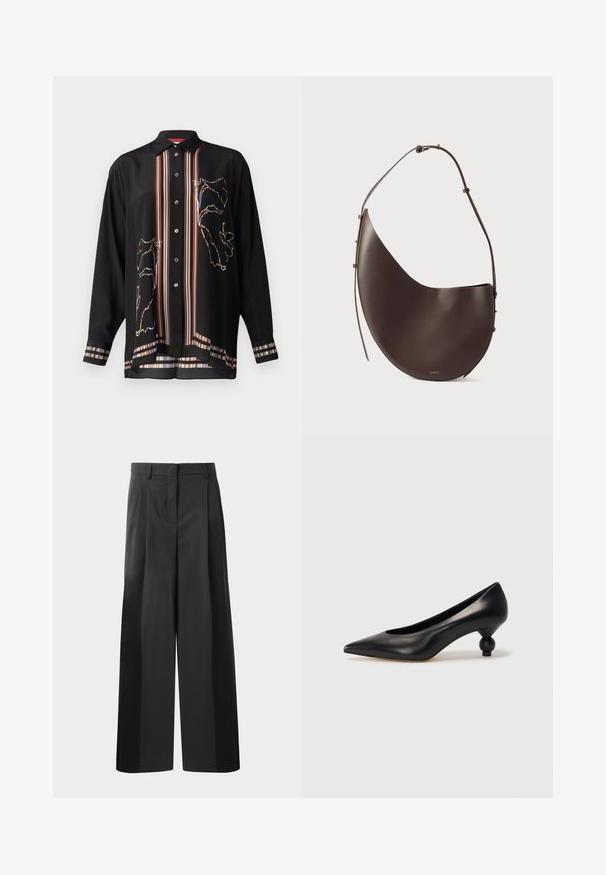 Juodas mygtukų marškinis iš lengvos medžiagos, su ryškiais dryžuotais akcentais ir gėlių kontūro dizainu ant priekio bei rankovių.; Juodos plačios kelnės su aukštu liemeniu, su priekinėmis raukšlėmis, glotnia tekstūra ir pritaikytu apdailos stiliumi. Sukurtos laisvam sėdėjimui.; Juoda odinė aukštakulnė bateliai su smailiu pirštu ir apvaliu, iškiliu kulnu. Lygus paviršius su elegantišku, minimalistiniu dizainu.; Ruda odinė rankinė, turinti kreivą formą, vieną diržą ir minimalistinį dizainą. Sukurta su subtiliu logotipu ir auksiniais detalėmis.