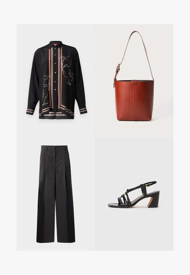 Camicia nera con bottoni in tessuto leggero, con accenti a strisce colorate e un design a contorno floreale sulla parte anteriore e sulle maniche.; Pantaloni neri a gamba larga con vita alta, caratterizzati da pieghe frontali, una texture liscia e una finitura sartoriale. Progettati per un fit rilassato.; Paul Smith AMIRA - Decolleté - black; Borsa a secchiello in pelle marrone con tracolla regolabile e fibbia dorata, semplice dettaglio di cucitura verticale sul davanti.
