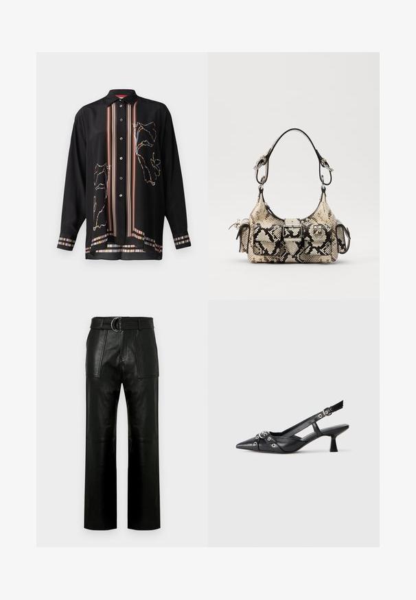 Sort skjorte med knapper i let stof, der har farverige striber og et blomsteromridsdesign på fronten og ærmerne.; Høj talje sorte læderbukser med brede ben, store forreste lommer og et matchende bælte med dobbelt-ring spænde.; Sort lædersandal med spids tå, dekorative stropper med metaløjer og en lav blokhæl. Struktureret overflade.; Python-print håndtaske i beige og sort, med en struktureret form, spænde-detalje og dobbelte skulderremme. Tekstureret overflade.