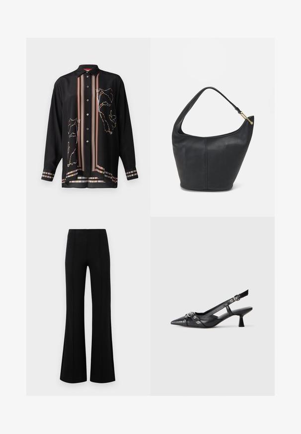 Zwarte overhemd met knopen in lichte stof, met kleurrijke gestreepte accenten en een bloemachtig ontwerp op de voor- en mouwen.; Zwarte flared broeken met een hoge taille, gemaakt van rekbaar materiaal. Bevat verticale naden aan de voorkant en heeft een gladde textuur.; Zwarte leren slingback schoen met een puntige neus, decoratieve banden met metalen oogjes en een lage blokhak. Textuur oppervlak.; Zwarte leren handtas met een ronde vorm, een brede schouderriem en een gestructureerde afwerking. Bevat subtiele naaddetails en een gouden hardwareaccent.