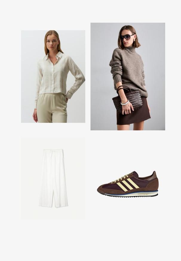 Jimmy Key LONG SLEEVE - Button-down blouse - beige; White wide-leg pants with a drawstring waist, shown against a plain background, emphasizing their relaxed style and fabric texture.; Brown and burgundy sneaker with suede and mesh materials, featuring three cream stripes, textured fabric on the tongue, and a rubber sole.; DRAGON DIFFUSION MINI FLAT GORA - Handbag - dark brown
