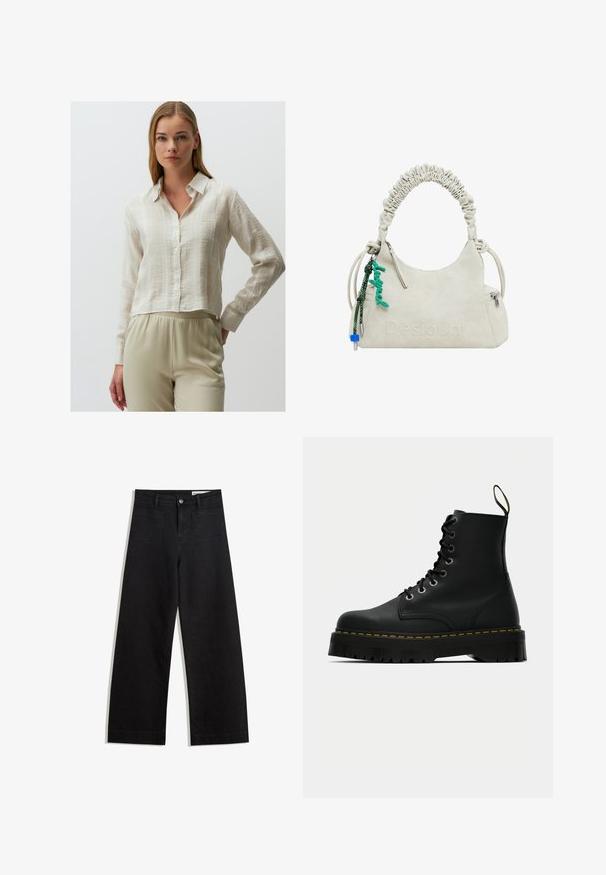 Jimmy Key LONG SLEEVE - Button-down blouse - beige; Black wide-leg denim pants with a high waist, featuring front and back pockets, stitched seams, and a button closure. Smooth texture.; Black leather lace-up ankle boots with a chunky textured rubber sole and yellow stitching detail around the platform.; Off-white faux leather handbag with ruched handle, zip pocket, and green charm. Smooth texture, understated embossed logo, and sleek design.