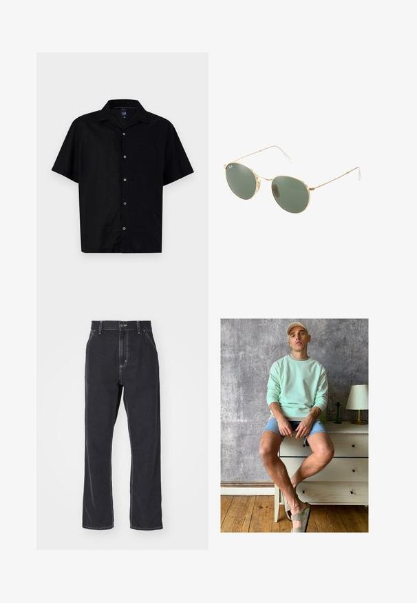 Cămașă neagră cu mânecă scurtă, confecționată dintr-un material neted, având un guler clasic, un când și un singur buzunar pe piept.; Tricou alb din bumbac, cu guler rotund, mâneci scurte și croială lejeră. Dispune de un design simplu, fără modele sau accente.; Jeans negri din denim cu croi drept, având un fermoar la brâu, cinci buzunare și cusături în contrast de-a lungul cusăturilor.; Hanorac verde mentă, pantaloni scurți din denim și pantofi slip-on verde oliv. Așezat pe o comodă de culoare deschisă, lângă un perete texturat gri.; Ochelari de soare cu ramă metalică aurie, cu lentile verzi, de formă rotundă, cu temple subțiri și accente din plastic alb la vârfurile brațelor.