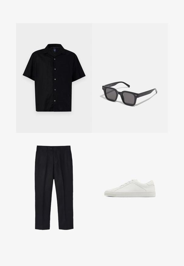 Czarna koszula z krótkim rękawem wykonana z gładkiego materiału, z zapięciem na guziki z przodu, jedną kieszonką na piersi oraz klasycznym kołnierzykiem.; Czarne lniane spodnie o dopasowanym kroju, z pojedynczym zapięciem na guzik z przodu, zakładkami i prostymi nogawkami. Gładka tekstura z lekkim wykończeniem.; Białe skórzane sneakersy z okrągłym noskiem, płaską podeszwą i minimalistycznym designem. Zawierają sześć oczek i subtelny detal szwu z boku.; Czarne prostokątne okulary przeciwsłoneczne z ciemnymi soczewkami, charakteryzujące się grubą oprawką, subtelnymi akcentami po bokach i brakiem widocznych logo poza nazwą marki.; Srebrny zegarek ze stali nierdzewnej z czarną tarczą, oznaczonymi wskaźnikami godzinowymi, wyświetlaczem daty oraz wodoodpornością do 50 metrów.; Srebrna metalowa bransoletka w formie mankietu o gładkim, matowym wykończeniu. Posiada otwartą konstrukcję z zaokrąglonymi krawędziami, umożliwiającą regulację rozmiaru.