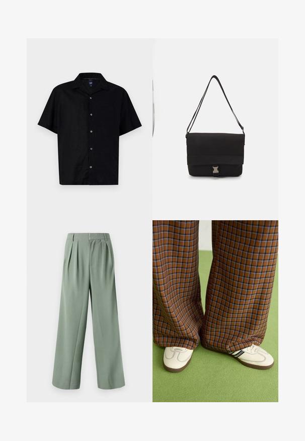 Camisa preta de mangas curtas feita de tecido liso, com fecho de botões na frente, um único bolso no peito e um design de colarinho clássico.; Calças largas verde com pregas, feitas de um tecido suave. Apresentam um fecho com zip e dois bolsos laterais. Design simples e bem ajustado.; Calças largas em padrão xadrez castanho e azul, combinadas com sapatos brancos com detalhes pretos e solas texturizadas, contra um fundo verde.; Saco de mensageiro preto feito de material liso, apresentando uma aba dobrável, fechos de hardware prateados e uma alça de ombro ajustável.