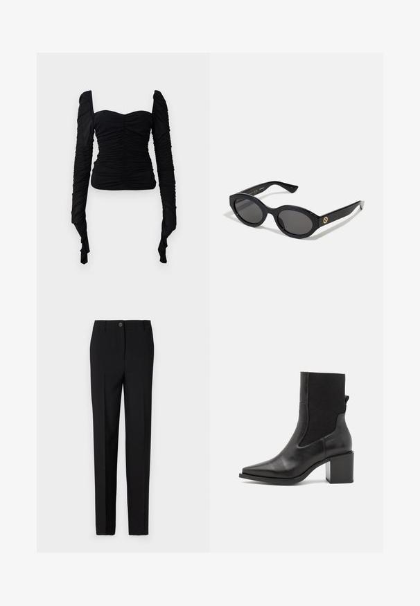 Svart långärmad topp med rynkad textur, avskuren axel design och figurnär passform. Materialet verkar elastiskt och mjukt.; Långärmad topp med leopardtryck och hög hals, tillverkad av stretchigt tyg. Har en ljusbrun bas med bruna fläckar. Slät textur, figurnära design.; Svart skräddarsydda byxor med rak passform, utrustade med knappstängning och bälteshällor, tillverkade av ett slätt tyg.; Svart ankelboot med spetsig tå, tillverkad av mjukt läder och elastiskt tyg. Har en klack i blockform och minimalistisk design.; Svarta ovala solglasögon med mörka linser och blank plastbåge. Utrustade med en gyllene logotyp på bågen, vilket ger en snygg och modern design.; Blå mönstrad handväska i tyg, med en rundad form, svart läderrem och logodesign i en ljusare nyans.