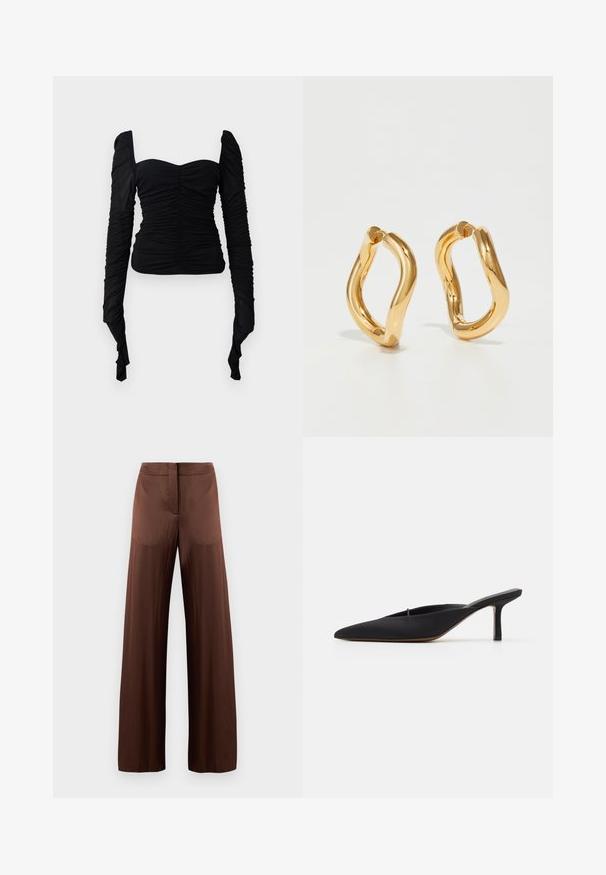 Black long-sleeve top with a ruched texture, off-shoulder design, and form-fitting silhouette. Material appears stretchy and smooth.; Brown wide-leg trousers made of smooth, lightweight fabric, featuring a flat front, no pockets, and a straight silhouette.; Black pointed-toe mule with a sleek design, made of smooth fabric, featuring a slender heel and open back for easy wear.; Gold-colored hoop earrings with a curved, irregular shape and a smooth, polished texture. No visible hardware or accents.