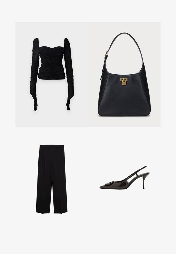 Svart långärmad topp med rynkad textur, avskuren axel design och figurnär passform. Materialet verkar elastiskt och mjukt.; Svarta vida byxor i en mjuk tygkvalitet, med veck framtill och sidofickor, designade med en rak och avslappnad passform.; Svart lackläder slingback-sko med spetsig tå, minimalistisk design, liten cirkulär accent på framfoten och smal klack.; Svart läderaxelväska med en böjd design, utrustad med ett guldfärgat lås och ett runt bärhandtag. Slät textur med minimala detaljer.