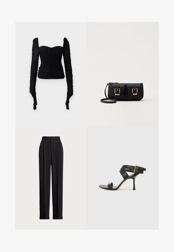 Schwarzes, langärmeliges Oberteil mit rüschenartiger Textur, schulterfreiem Design und figurbetonter Silhouette. Das Material wirkt dehnbar und glatt.; Schwarze, taillierte Hose mit hoher Taille, mit Falten vorne, geradem Bein-Design und umgeschlagenem Saum. Aus glattem Stoff gefertigt.; Schwarze Absatzsandale mit gekreuzten Riemen und verstellbarem Schnallenverschluss. Sie verfügt über eine glatte Textur und einen schmalen Stiletto-Absatz.; Schwarze Leder-Umhängetasche mit zwei vorderen Taschen, goldenen Schnallen, Reißverschluss und einem schmalen Tragegurt. Texturierte Oberfläche und kompakte rechteckige Form.