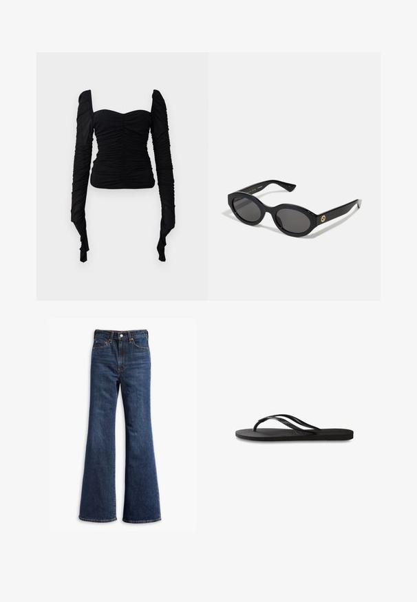 Black long-sleeve top with a ruched texture, off-shoulder design, and form-fitting silhouette. Material appears stretchy and smooth.; High-waisted dark blue denim jeans with flared legs, front button and zipper closure, and five-pocket design.; Black flip-flop featuring a textured rubber sole, two slender straps, and a subtle, embossed logo detail on the strap.; Black oval sunglasses with dark lenses and glossy plastic frame. Features gold logo on the temple, offering a sleek and modern design.; Black leather handbag with a structured rectangular shape. Features a golden oval clasp and a thin shoulder strap. Smooth texture.