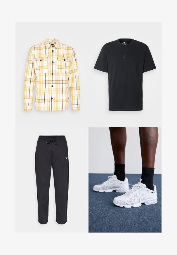 Żółta i biała koszula flanelowa w kratę z czarnymi akcentami, z kołnierzykiem, długimi rękawami i dwiema kieszeniami na piersi. Widoczne czarne guziki.; Czarny bawełniany t-shirt Nike z klasycznym okrągłym dekoltem, krótkimi rękawami oraz subtelnym, wytłoczonym logo na piersi. Gładka tekstura.; Czarne dresy wykonane z miękkiego materiału, z elastycznym pasem, sznurkiem do ściągania i małym logo Nike na lewej udzie.; Białe sportowe buty z siateczkową cholewką, teksturowanymi akcentami i wyściełaną podeszwą. W zestawieniu z czarnymi skarpetkami ściągaczowymi do kostek na niebieskiej wykładzinie.