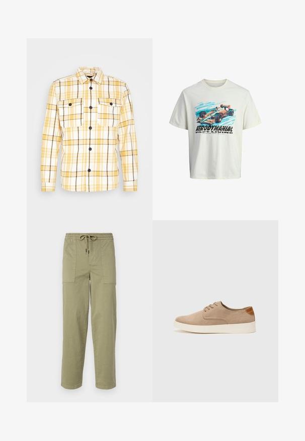 Żółta i biała koszula flanelowa w kratę z czarnymi akcentami, z kołnierzykiem, długimi rękawami i dwiema kieszeniami na piersi. Widoczne czarne guziki.; Biała bawełniana koszulka z nadrukiem graficznym wyścigowego samochodu w niebieskie i pomarańczowe akcenty oraz napisem "AERODYNAMIKA". Luźny krój.; Jasnooliwkowe spodnie z bawełnianej mieszanki, z elastycznym pasem ze sznurkiem oraz dwoma dużymi bocznymi kieszeniami.; Beżowe zamszowe sneakersy z okrągłym noskiem, sznurowanym przodem i teksturowanym akcentem na tyle. Biała gumowa podeszwa tworzy kontrast. Prosty i nowoczesny design.
