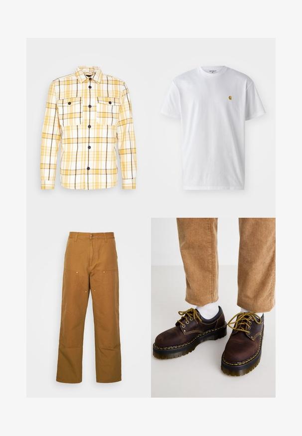 Rumena in bela karirana flanelasta srajca z črnimi detajli, ki ima ovratnik, dolge rokave in dva žepa na prsih. Črni gumbi so vidni.; Bela bombažna majica s kratkimi rokavi, krožnim ovratnikom, z majhnim zlatim logotipom na levem prsnem predelu. Mehka tekstura in običajen kroj.; Brazdaste hlače iz bombaža z naravnim krojem in naravnim rezom, ki imajo sprednje žepe in kovinske dodatke za dodatno trdnost.; Rjave usnjene čevlje z rumenimi šivi, okroglo konico, debele platforme in kontrastnimi črnimi detajli. Nosijo jih z belimi nogavicami in kord pantolonami.