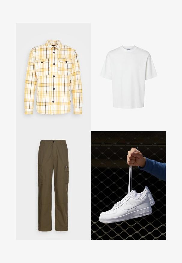 Chemise en flanelle à carreaux jaunes et blancs avec des accents noirs, dotée d'un col, de manches longues et de deux poches poitrines. Boutons noirs visibles.; T-shirt en coton blanc à manches courtes, col rond et coupe décontractée. Texture lisse sans motifs ou accents visibles.; Pantalons cargo en vert olive, fabriqués en tissu durable. Présentent deux poches latérales, une taille standard et une coupe droite.; Baskets en cuir blanc avec perforations, à bout rond, semelle plate et lacets épais, arborant un logo swoosh visible et "AIR" sur le talon.