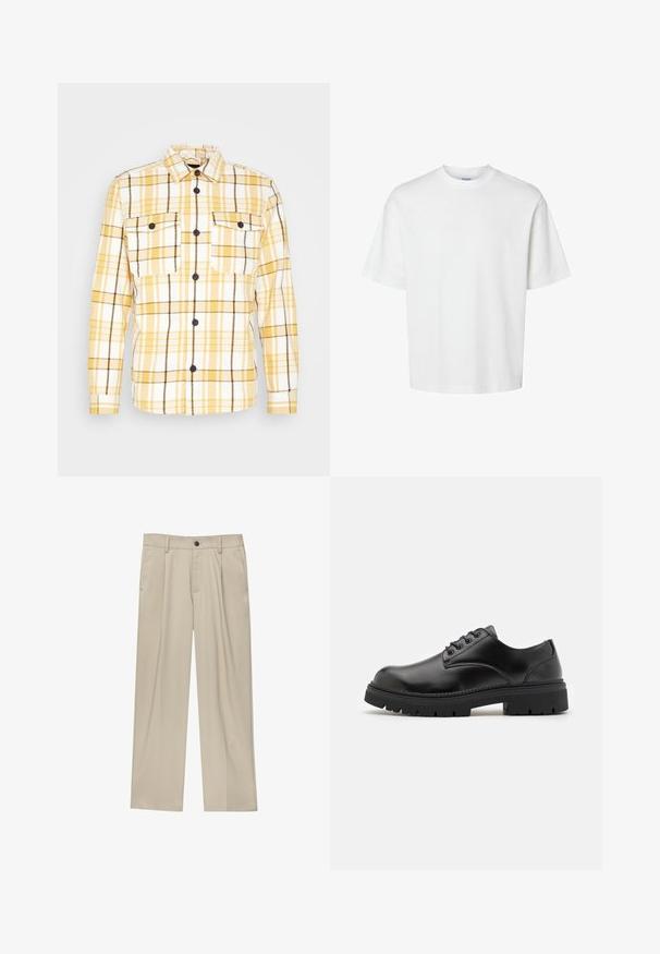 Sárga és fehér kockás flaneling fekete részletekkel, gallérral, hosszú ujjakra és két mellzsebre. Látható fekete gombok.; Fehér pamut póló rövid ujjakkal, kerek nyakkivágással és laza szabással. Simább textúra, látható minták vagy kiegészítők nélkül.; Beige egyenes szárú nadrág, egy fekete gombbal, övhurkokkal és oldalzsebekkel. Sima szövettextúra és minimális design.; Fekete bőrcipő, lekerekített orral, fűzős kialakítással és vastag, texturált gumitalppal. Az élek mentén varrás található, és sima felülete van.
