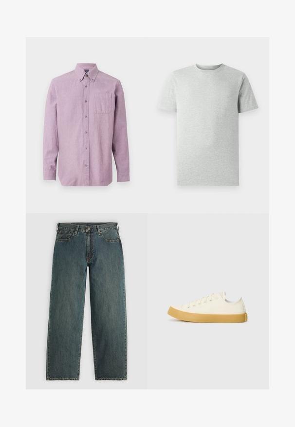 Lavendeli pikkade varrukatega nööbitav särk, millel on allapoole nööbitav krae ja rinnaäär, esitatud valge tausta ees.; Ühtlane heledahall lühikeste varrukatega ümmarguse kaelusega T-särk, esiplaanil, valge tausta ees, ilma nähtavate logode või kujunditeta.; Tumedad sinised sirged teksapüksid nupuga ja tõmblukuga, ees olevate taskutega ja vöödega helesinise halli tausta peal.; Kangasneakerid kreemjas valges, ümmarguse varbaga, beeži kummitaldaga ja viie silmaga paelte jaoks, tekstuurse viimistlusega ülaserv.