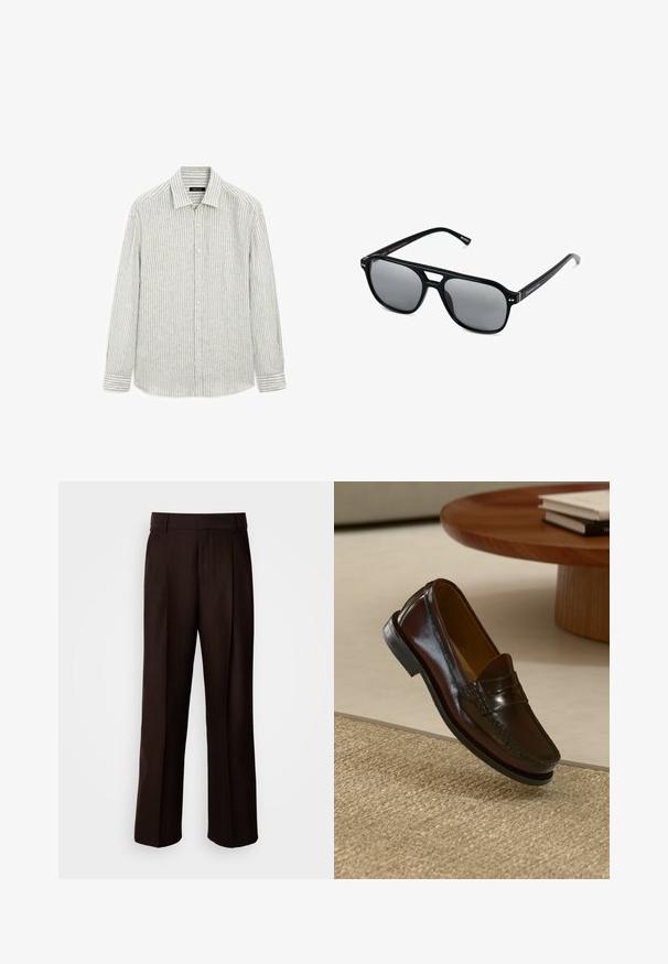 Gestreept overhemd in lichtgrijs en wit, gemaakt van een mengsel van katoen en linnen. Heeft een klassieke kraag en lange mouwen met knopenmanchetten.; Bruine op maat gemaakte broeken met een recht design, voorzien van een voorplooien, een gladde textuur en een klassieke tailleband. Geschikt voor formele gelegenheden.; Bruine leren instappers met een glanzende afwerking, voorzien van een gestikt detail aan de voorkant en een low-profile zwarte rubberen zool.; Zwarte zonnebril met rechthoekige montuur, grijs getinte glazen en een uitgesneden ontwerp bij de neusbrug. Strak, glanzend kunststof materiaal met smalle veren.