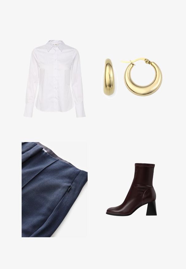 Valkoinen pitkähihaisen paita, jossa on klassinen kaulus, napitettava etuosa ja suora helma. Valmistettu sileästä kankaasta, jossa on yksinkertainen muotoilu.; Tummansininen housut, joissa on kuvioitu kangas, sivutasku vetoketjulla ja poimutettu yksityiskohta vyötäröllä.; Stradivarius BLOCK - Klassiset nilkkurit - dark red; Kulta hoopskorvakorut kiillotetulla pinnalla, pyöreällä muotoilulla ja lukollisella suljentamekanismilla. Tyylikkään sileä pinta, joka loistaa.