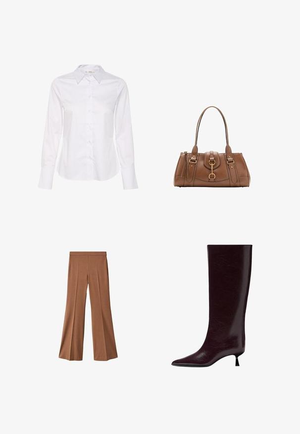 Weißes Langarmhemd mit klassischem Kragen, Knopfverschluss und geradem Saum. Hergestellt aus glattem Stoff mit schlichtem Design.; Braune weit geschnittene Hose mit glatter Textur, hoher Taille, zwei vorderen Falten und geradem Schnitt bis zum Saum.; Knöchelhoher burgunderfarbener Lederstiefel mit einer eleganten, strukturierten Oberfläche, spitzem Zehenbereich und einem dünnen, gestapelten Absatz für zusätzliche Höhe.; Braune Lederhandtasche mit doppelten Griffen, goldenen Hardware-Akzenten und strukturiertem Design. Verfügt über eine zentrale Klappe mit einem Schlaufen-Detail.