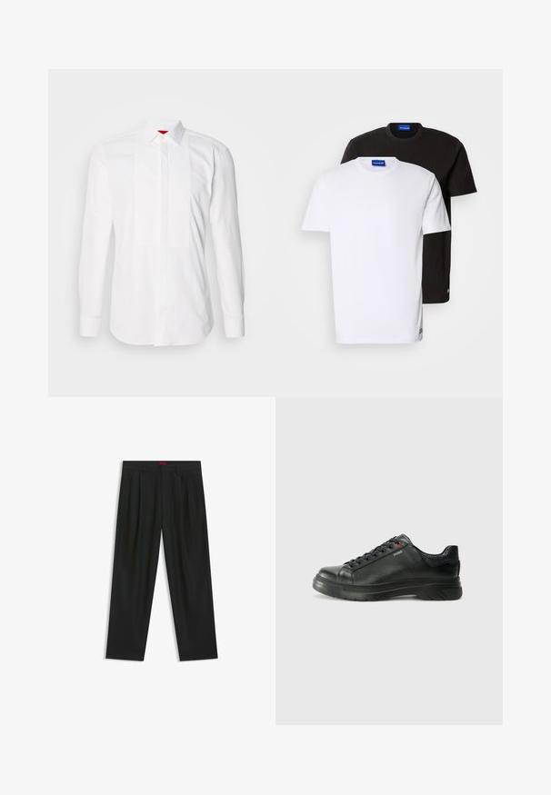 Hvid langærmet skjorte lavet af bomuld, med en frontplacket med lodrette plisseringer. Klassisk krave og knapmanchetter. Glat tekstur.; To T-shirts stablet: en hvid og en sort. Korte ærmer, runde halsudskæringer, stof af bomuld. Har et lille blåt logo ved halsudskæringen.; Sorte bukser med plisseret design, bred benform og en glat tekstur. Har et rødt taljetag.; Sorte lædersneakers med tekstureret overdel, polstret krave og rødt logo-detajle. Har en tyk gummisål med tydeligt mønster.