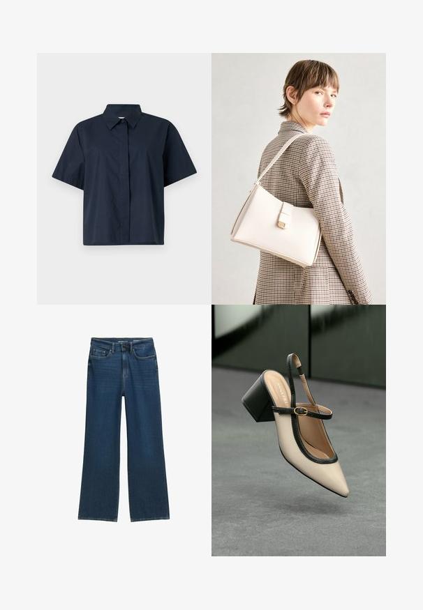 Tumedat sinise värvusega lühikeste varrukatega puuvillane särk, millel on klassikaline nööriga krae ja sirge lõige. Eesmine plisseering ilma nähtavate nuppudeta.; Laialdased denim teksad tumesinises, viie tasku disainiga, nööpidega lukuga ja õmblustes diskreetsete detailidega.; Beesidega teravatoe slingback king, musta äär ja kuldne pandla, tummise plokk-kontsa peal hallil põrandal tumesinise tausta ees.; Valge nahast käekott struktureeritud disainiga, millel on magnetlukk ja õlavarre rihm, esitletud neutraalse tausta ees.