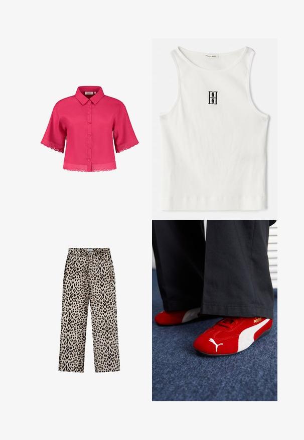 Rövid rózsaszín blúz gallérral, gombos elülső résszel és fodros csipke díszítéssel az ujjain és a hemnél. Könnyű anyagból készült.; Fehér bordázott ujjatlan póló, melyen a mellkas közepén egy fekete hímzett logó található. A nyakkivágás és az ujjak nyílásai finom szegéllyel vannak ellátva.; Beige és fekete leopárdmintás nadrág. Egyenes láb kialakítás, öt zseb, és övhurkokkal ellátott derékpánt. Puha, textúrált anyag.; Piros velúr sportcipő fehér részletekkel, texturált anyaggal, kerek orral és arany logóval az oldalon, fekete nadrággal kombinálva.